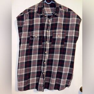 Sleeveless Men's Black and White Plaid Button-Up Shirt / Vest with Red Accents